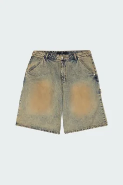 BRUSH WASHED DENIM CARPENTER SHORTS - Short | Kaki