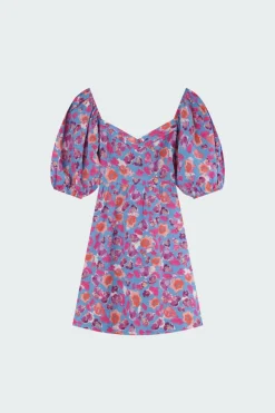 ETOILE - Robe courte col V imprimée en coton | Bleu